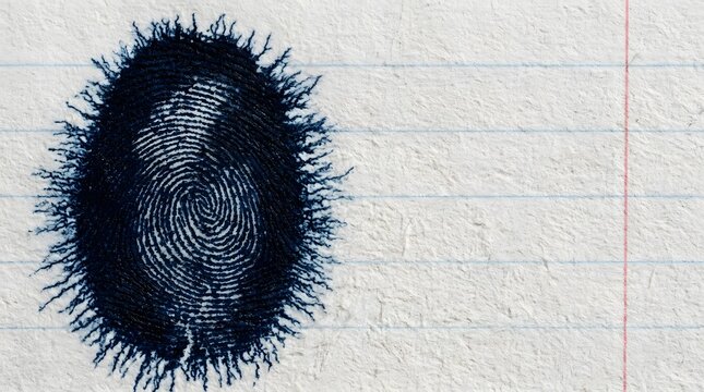 Smudged blue ink fingerprint on lined paper representing forged legal signatures corporate identity theft and compromised fraud investigations