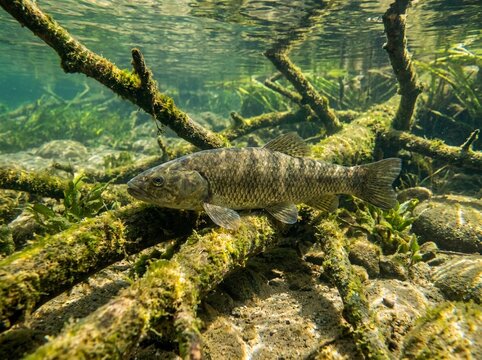 Freshwater fish swimming among submerged branches in clear river water