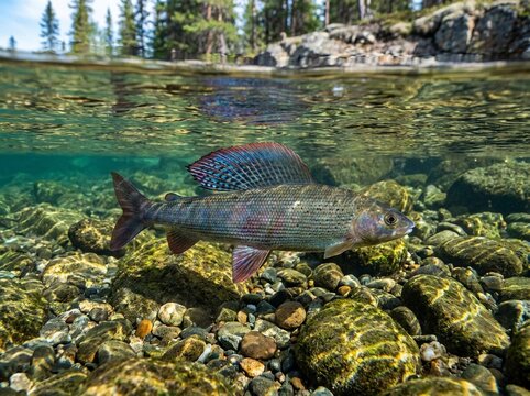 Split view of a grayling fish in clear mountain river