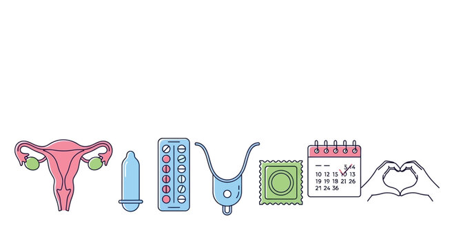 Set of contraceptive methods and female reproductive system icons.