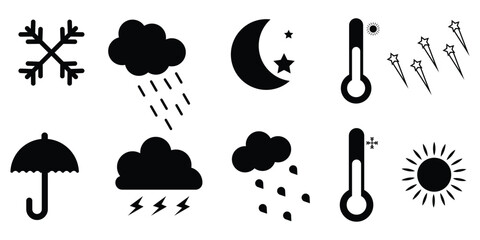 Naklejka premium Weather solid icons for forecast and meteorology featuring vector design. Climate atmospheric conditions.
