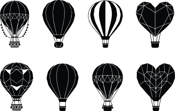 Hot air balloons silhouettes set, decorative vintage and geometric heart shaped aerostat vector icons.