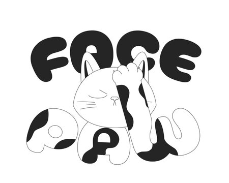 Cute facepalm cat black and white gaming reaction. Cringe moment. Gamer embarrassment. Failed play. Awkward gameplay. Flat 2D illustration overlay isolated. Internet culture. Line vector graphic