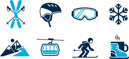 Winter sports icons show skiing, snowboarding, and hot chocolate on mountain © Terastal 