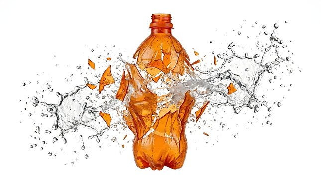 Exploding orange plastic bottle splashing clear fresh water visualizing dynamic hydration energy and extreme refreshment for active sports beverage advertising