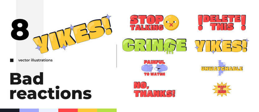 Cringe and yikes internet reaction illustration set. Trendy social media buzzwords. Viewer dissatisfaction. Sarcastic expressions. Gen z slang word overlay pack. Cartoon 2D vector graphics isolated