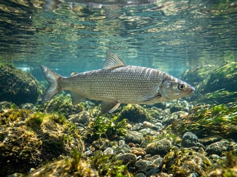 Freshwater Fish Swimming Over Rocky Riverbed Underwater