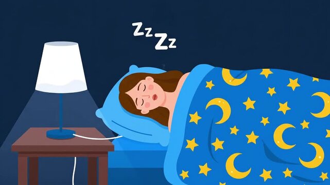Child sleeping peacefully under starry blanket with nightlight.