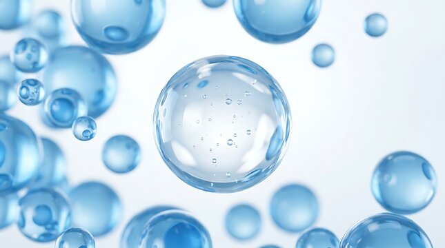 Abstract blue bubbles with small air inclusions floating gracefully in soft light, representing purity, lightness, and refreshment, ideal for cosmetic and skincare advertising.