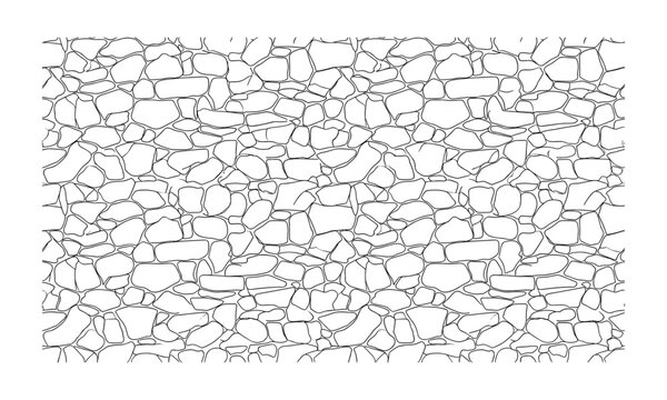 Rustic stone wall line art pattern, hand drawn cobblestone texture background, black and white masonry outline vector eps for architectural design