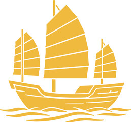Traditional Chinese junk boat sailing on wavy ocean waters © Ophelia