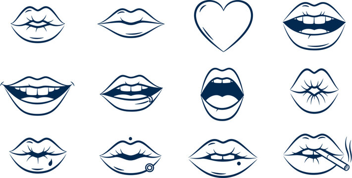 Various illustrations of lips and mouths in different expressions on a white background