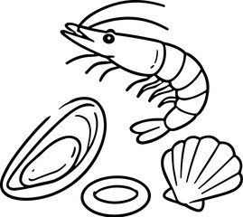 Collection of seafood illustrations including a shrimp, mussel, and scallop shell © Ophelia
