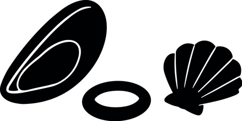 Collection of black silhouettes of marine life including a mussel and a scallop shell © Ophelia