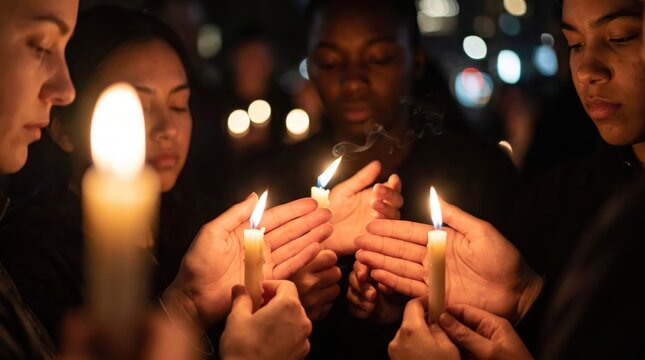 Close up view of diverse group of people holding lit candles at night representing hope prayer unity remembrance peace and spiritual gathering for shared human experience.