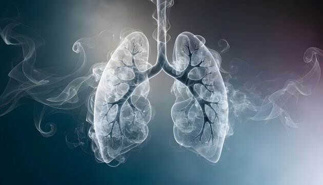 Severe smoke inhalation and respiratory disease damage. Environmental pollution and breathing hazard. Ghostly human lungs surrounded by thick swirling smoke textures