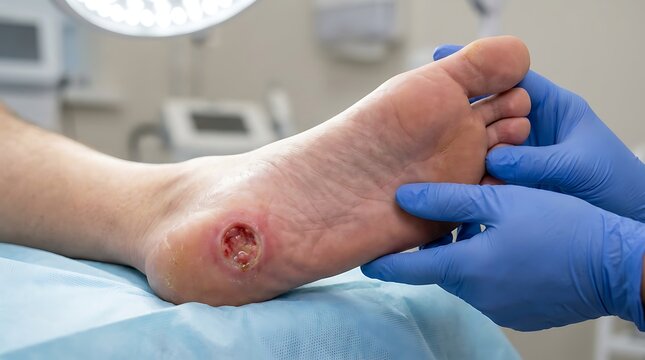 Doctor examining deep wound on patient's heel, close-up of medical care for foot ulcer, podiatry consultation for diabetic foot injury, wound care treatment, medical examination.