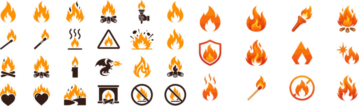 A collection of various fire icons and symbols are displayed.