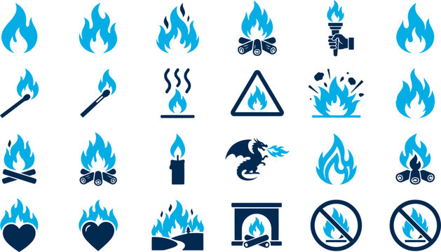 Graphic illustration of various fire and flame icons are shown