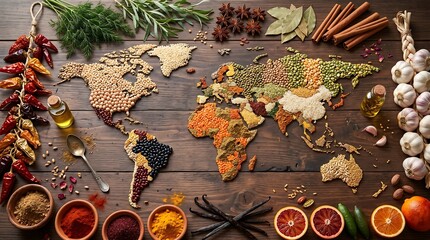 World map made of colorful spices and grains on wooden background © Ruslan Abdullin