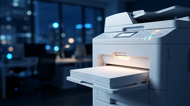 Office laser printer machine in dark room feeding paper for document printing copy or scan with blurred city lights through window at night technology concept.