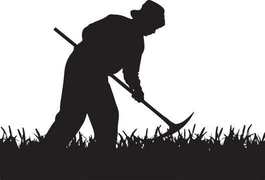 Silhouette of a person using a sickle to cut grass or crops