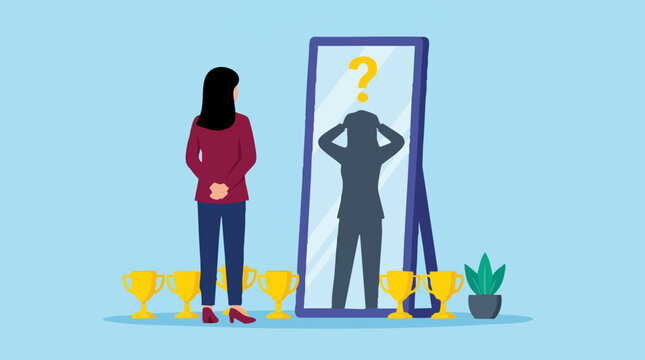 Woman with self-doubt looking in mirror, surrounded by success trophies