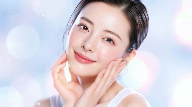 Beautiful young East Asian woman with glowing perfect skin smiling and touching her face, K-beauty skincare concept portrait with soft bokeh lights and clean bright background