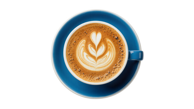 Blue cup of coffee with latte art on saucer