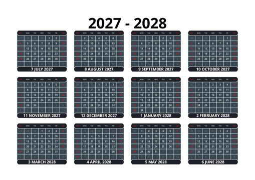 English 2027-2028 Horizontal 4x3 Grid Productivity Dashboard Calendar Grid Corporate Annual Project Tracker (Compatible with 2055-2056).