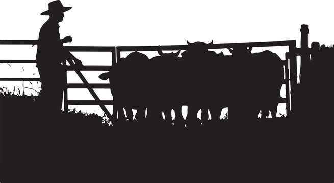 Silhouette of cowboy herding cattle through gate fence