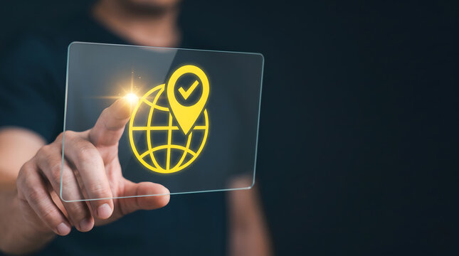 Business man touching screen with location pin icon, concept of global business and accurate delivery.