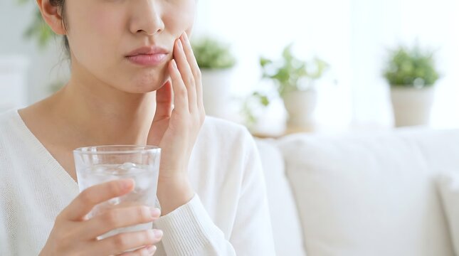 Stressed asian young woman touching her cheek while holding glass of ice water feeling sharp tooth pain inside bright living room home setting as concept of sensitive teeth dental health.