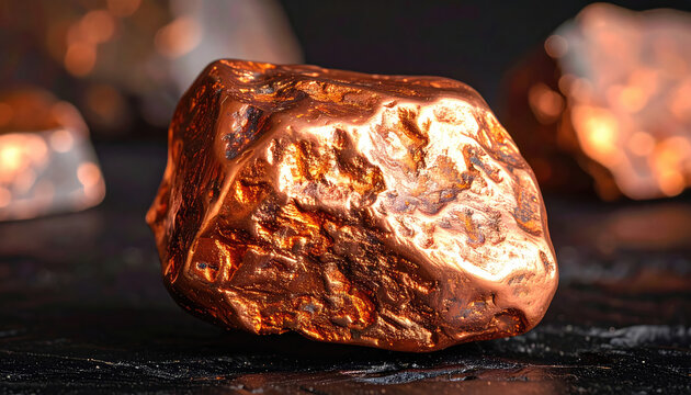 Closeup of a shiny metallic copper ore mineral specimen