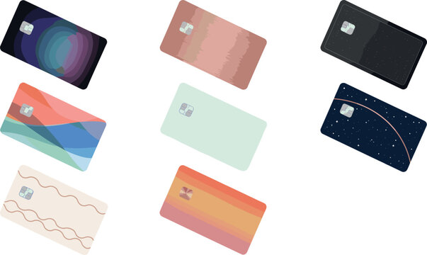 Credit Card Design Template Set with Modern Abstract Background Patterns Aesthetic Colors Geometric Shapes and EMV Chip Elements for Financial Corporate Branding