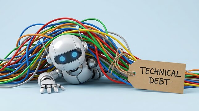 Small robot struggling to untangle itself from massive mess of colorful electrical cables while carrying tag labeled technical debt on light blue studio background 3d rendering concept.