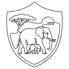 Elephant family in shield emblem single line art savanna landscape © SIDDIK