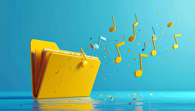 Music notes floating from digital yellow file folder against blue background