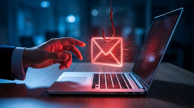 Phishing scam email on laptop screen, hand reaching for bait hook, cyber attack concept, digital security risk.