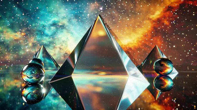 Glassy geometric pyramids and colorful cosmic nebula form a dynamic background with metallic spheres in spacethemed designs. Suitable for futuristic concepts.