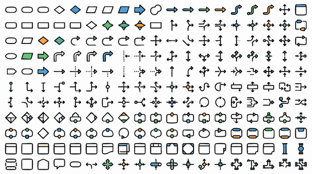 Flowchart diagram icons set, professional process mapping symbols, technical schematic vector elements for business workflow and data visualization