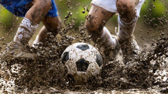 Soccer players battling in thick mud during a game.