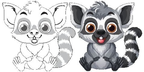 Fototapeta premium Cute Cartoon Lemur Vector Illustration with Line Art Coloring Page