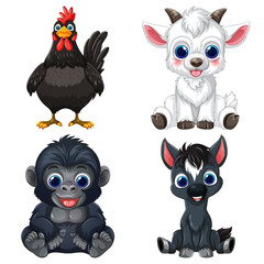 Fototapeta premium Set of Four Cute Cartoon Baby Animals on White Background