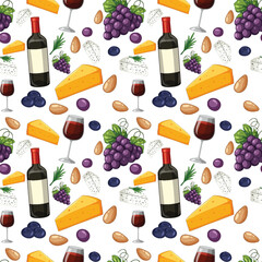 Fototapeta premium Seamless Vector Pattern with Red Wine Grapes and Cheese Slices