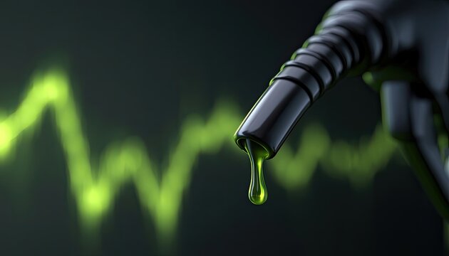 Close-up of a fuel nozzle with a drop of gasoline and a fluctuating graph in the background.