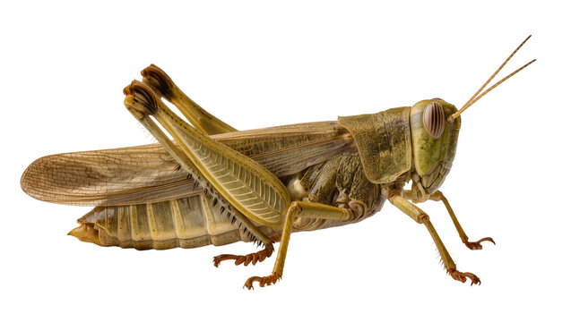 Green grasshopper insect with brown wings and segmented body