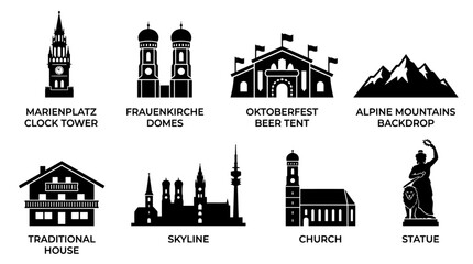 Fototapeta premium Munich landmarks vector illustration with Marienplatz, Frauenkirche, Oktoberfest tent, alpine mountains, traditional house, skyline, Theatinerkirche, Bavaria statue icons, cultural architecture des