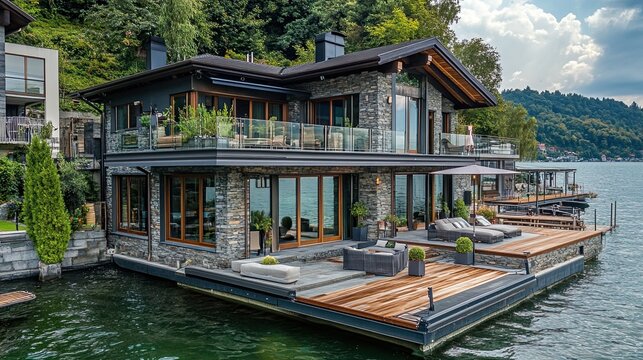 Luxury waterfront home modern design lake view spacious deck