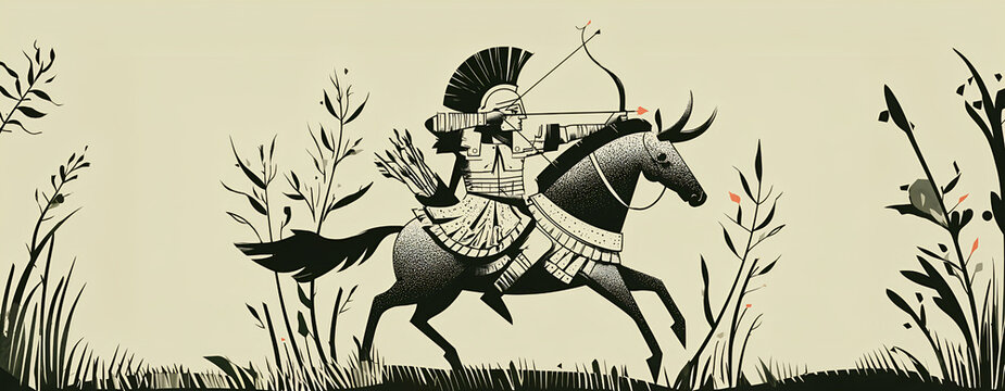 A warrior on horseback shooting an arrow. An illustration on the theme of history and battles, wars and culture.